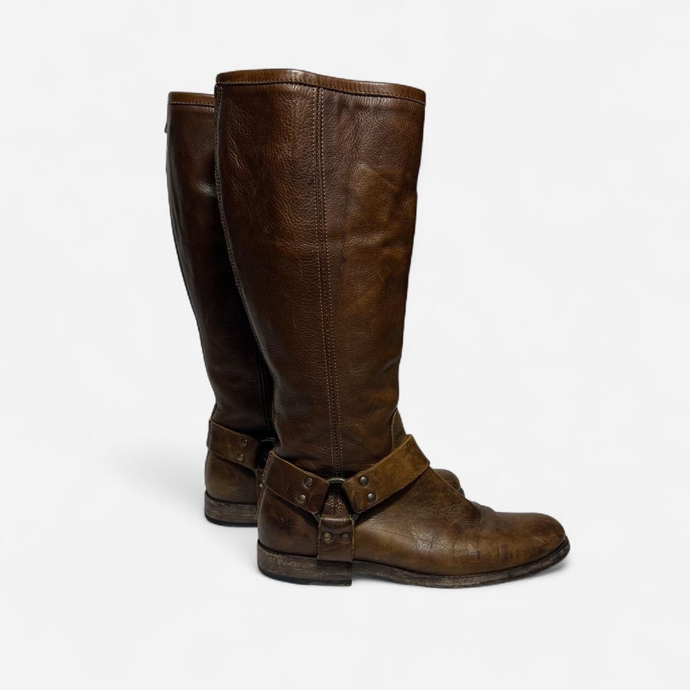 Frye Philip Harness Cognac Leather Knee High Boots 7.5 Wide Calf  76850